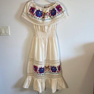 Authentic Mexican dress ivory with floral design one size